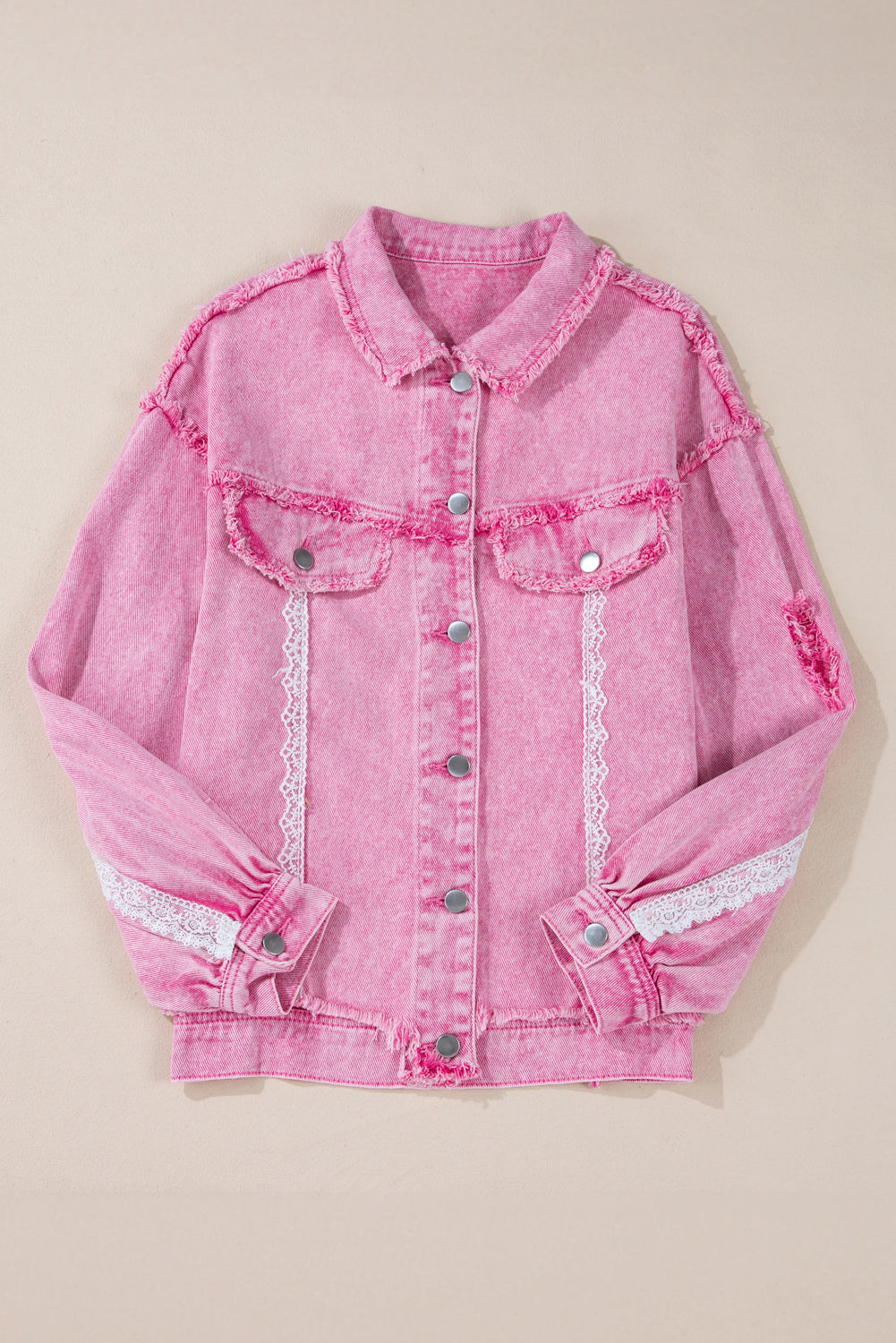 Pink Lace Patchwork Distressed Buttoned Denim Jacket Denim Jackets JT's Designer Fashion