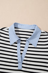 Black Stripe Contrast V Neck Collared Puff Sleeve T Shirt Mini Dress with Pockets T Shirt Dresses JT's Designer Fashion