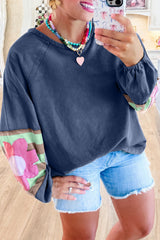 Sail Blue Flower Patchwork Raglan Sleeve Exposed Seam Oversized Top Long Sleeve Tops JT's Designer Fashion