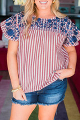 Red Stripe Plus Size Floral Embroidered Petal Sleeve Blouse Plus Size Blouses & Shirts JT's Designer Fashion