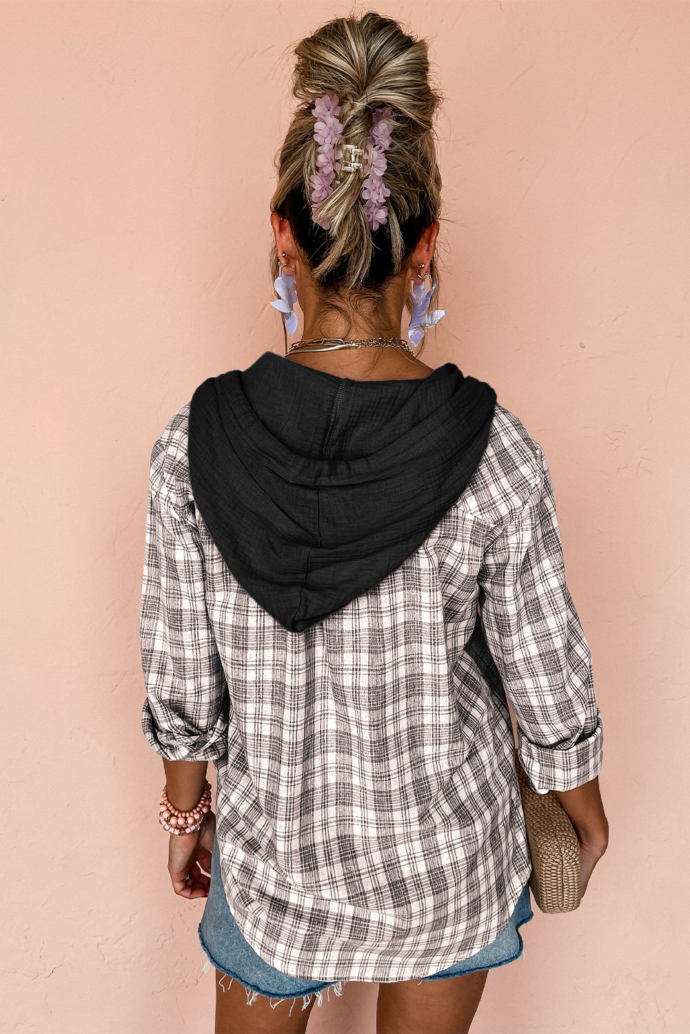 Black Checkered Print Loose Fit Buttoned Hooded Shacket Plaid Shackets JT's Designer Fashion