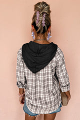 Black Checkered Print Loose Fit Buttoned Hooded Shacket Plaid Shackets JT's Designer Fashion