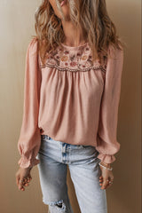 Gossamer Pink Floral Embroidered Textured Flounce Sleeve Elegant Blouse Blouses & Shirts JT's Designer Fashion