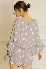Gray Star Print Crinkle Textured Kimono Ruffle Sleeve Romper Bottoms JT's Designer Fashion