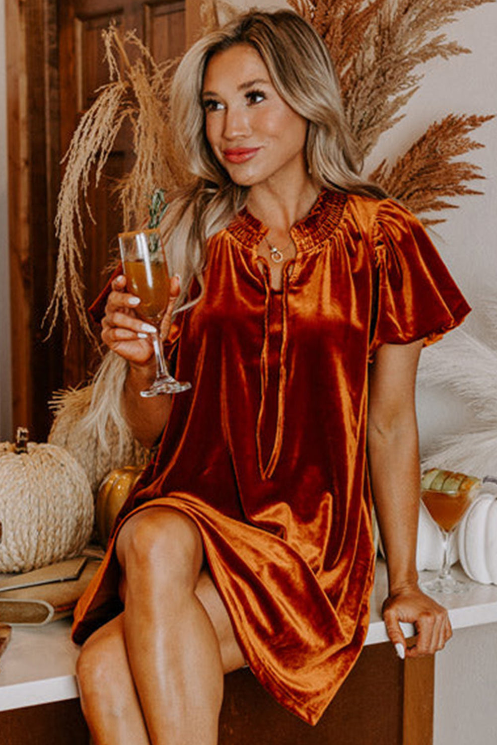 Cinnamon Velvet Smocked Neckline Puff Sleeve Shift Mini Dress Mini Dresses JT's Designer Fashion