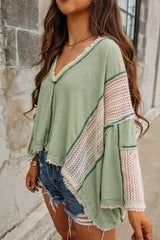 Grass Green Crochet Detail Exposed Seam High Low Loose Top Long Sleeve Tops JT's Designer Fashion