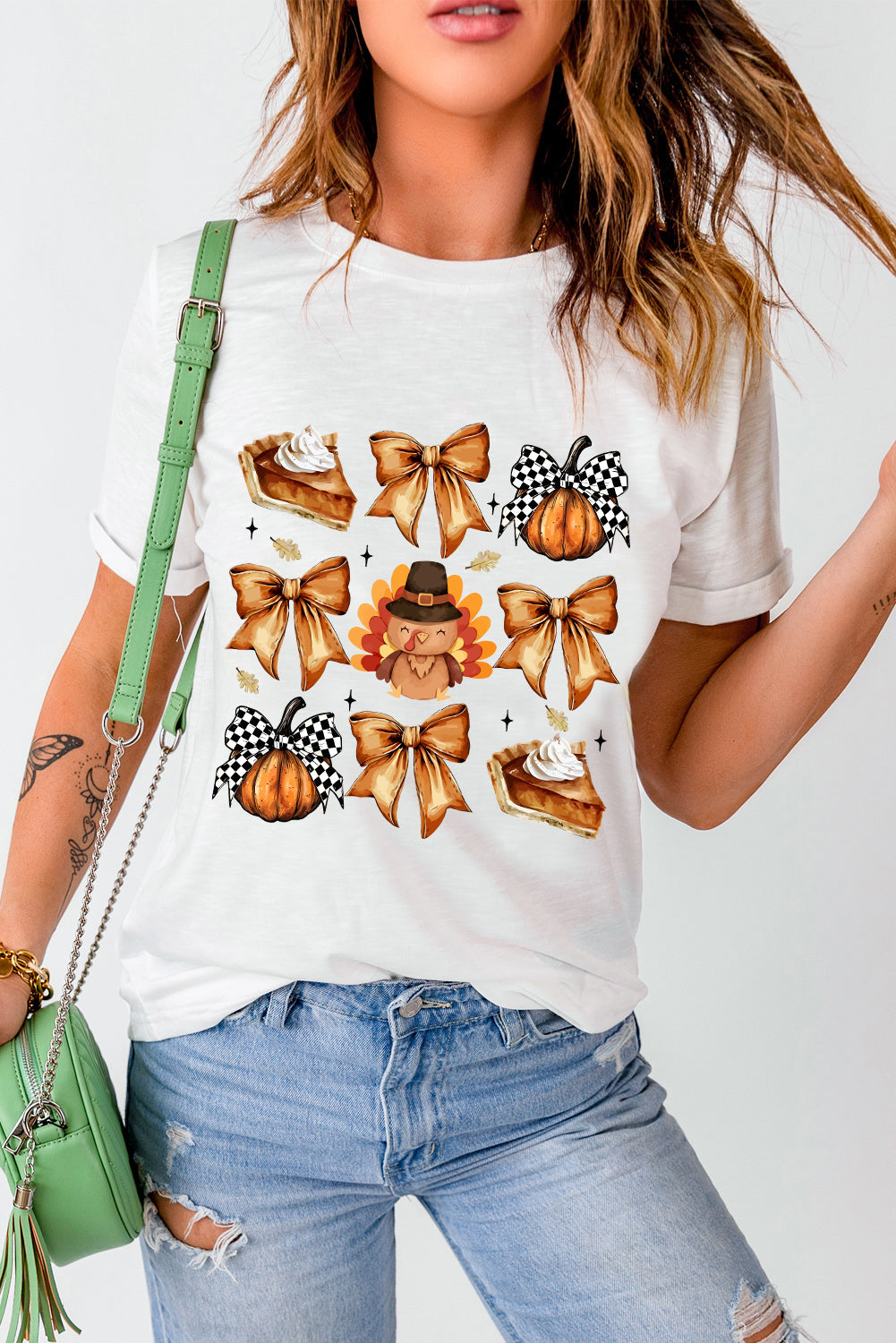 White Cute Bowknot Thanksgiving Graphic Crewneck T Shirt Graphic Tees JT's Designer Fashion