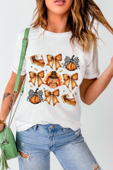White Cute Bowknot Thanksgiving Graphic Crewneck T Shirt Graphic Tees JT's Designer Fashion