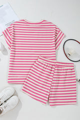 Rose Stripe Crew Neck T Shirt and Drawstring Shorts Set Short Sets JT's Designer Fashion