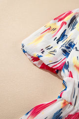 Rose Abstract Print Short Puff Sleeve Tiered Long Dress Maxi Dresses JT's Designer Fashion