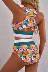Green Floral Print Racerback Cutout High Waist 2pcs Bikini Bikinis JT's Designer Fashion