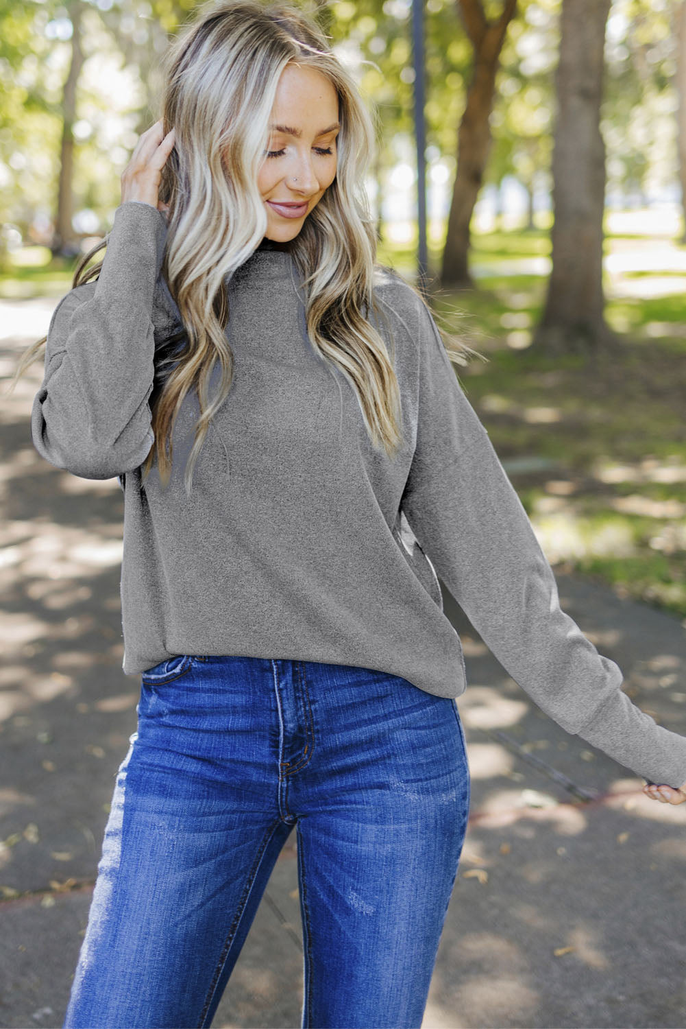 Gray Ribbed Zip Knit Top Long Sleeve Tops JT's Designer Fashion