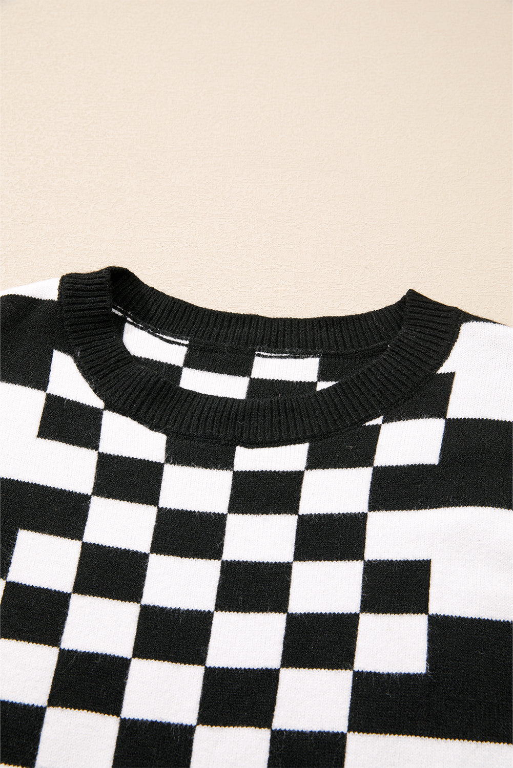 Black Checkered Print Drop Shoulder Round Neck Sweater Sweaters JT's Designer Fashion