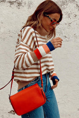 Brown Stripe Colorblock Bishop Sleeve Turtleneck Sweater Sweaters JT's Designer Fashion