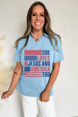 Light Blue SHE LOVES JESUS AND AMERICA TOO Flag Graphic T Shirt Graphic Tees JT's Designer Fashion