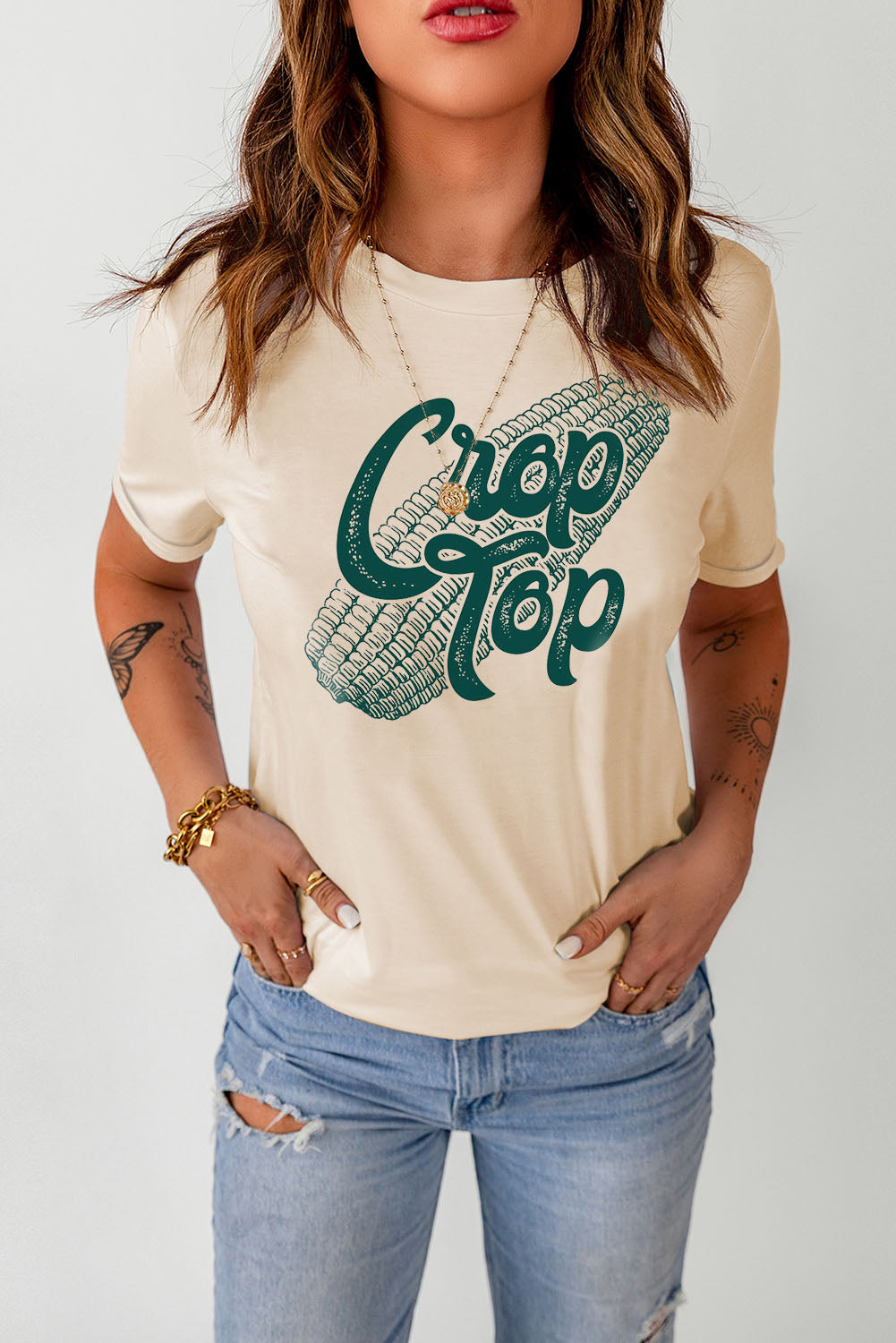 Khaki Corn Crop Top Graphic Tee Graphic Tees JT's Designer Fashion