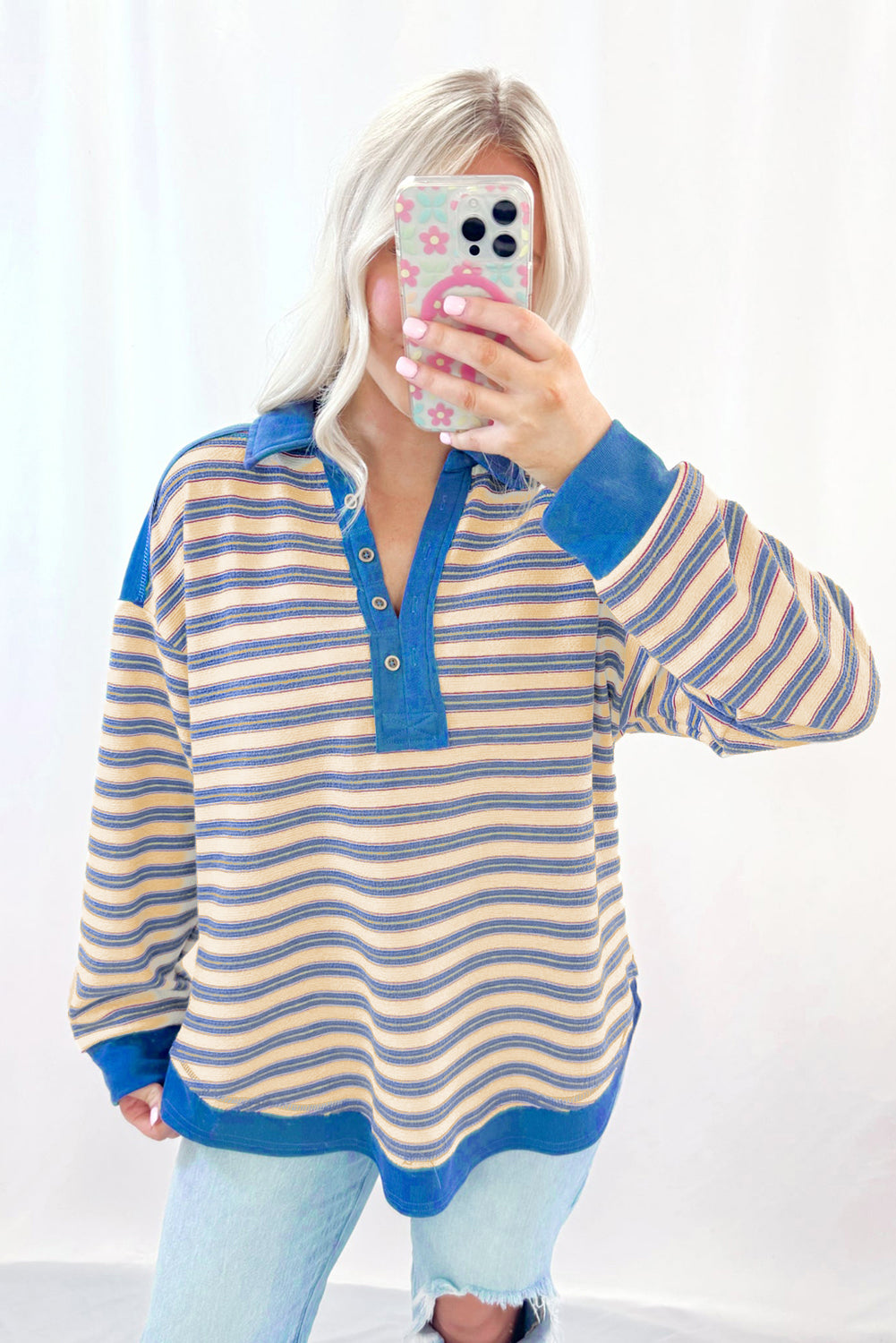 Blue Stripe Buttoned V Neck Collared Drop Shoulder Top Long Sleeve Tops JT's Designer Fashion