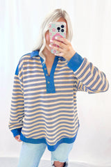 Blue Stripe Buttoned V Neck Collared Drop Shoulder Top Long Sleeve Tops JT's Designer Fashion