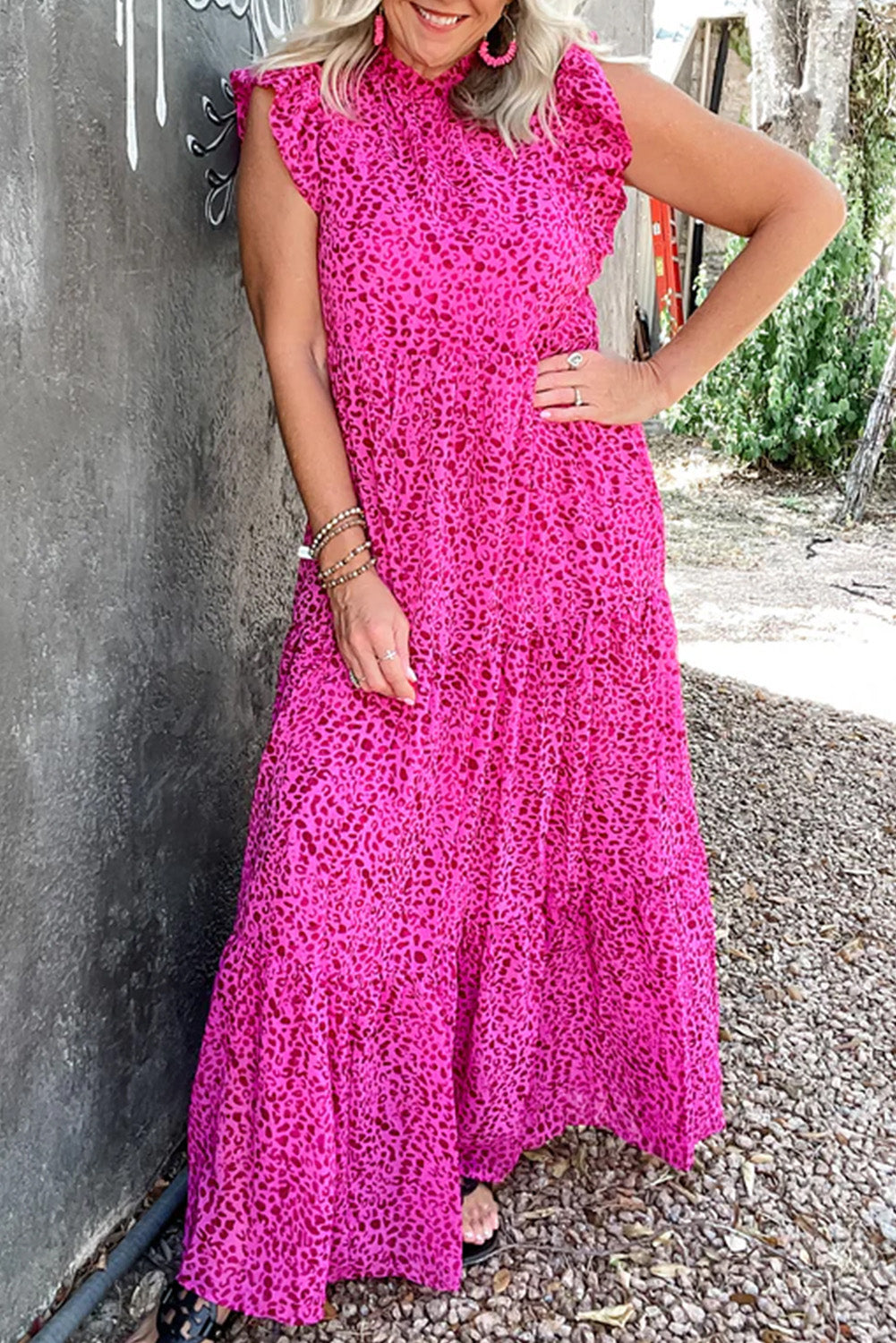 Rose Red Leopard Print Ruffled Trim Tiered Long Dress Rose Red 100%Polyester Maxi Dresses JT's Designer Fashion