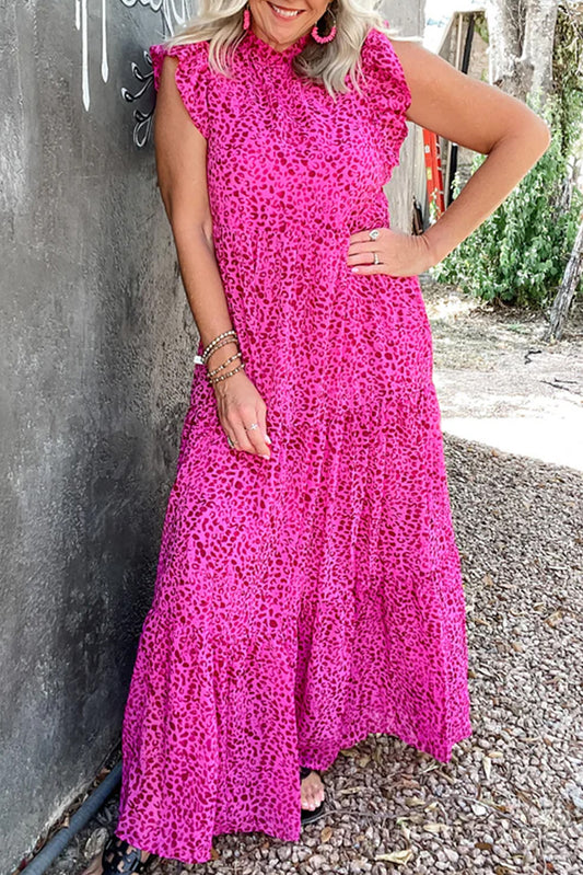 Rose Red Leopard Print Ruffled Trim Tiered Long Dress Rose Red 100%Polyester Maxi Dresses JT's Designer Fashion