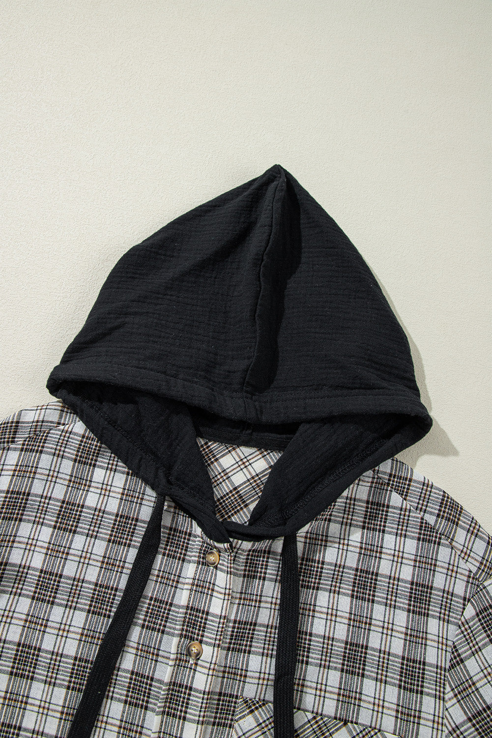 Black Checkered Print Loose Fit Buttoned Hooded Shacket Plaid Shackets JT's Designer Fashion