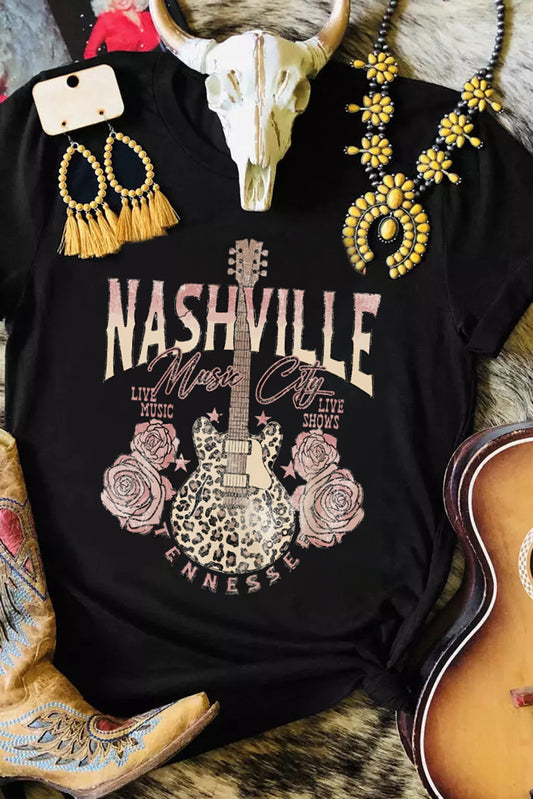 Black Nashville Music City Leopard Guitar Graphic T Shirt Black 95%Polyester+5%Elastane Graphic Tees JT's Designer Fashion