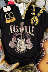 Black Nashville Music City Leopard Guitar Graphic T Shirt Black 95%Polyester+5%Elastane Graphic Tees JT's Designer Fashion