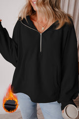 Black Fleece Lined Half Zipper Kangaroo Pockets Loose Hoodie Sweatshirts & Hoodies JT's Designer Fashion