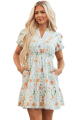 Beige Floral Print Shirred High Waist Puff Sleeve Mini Dress Floral Dresses JT's Designer Fashion