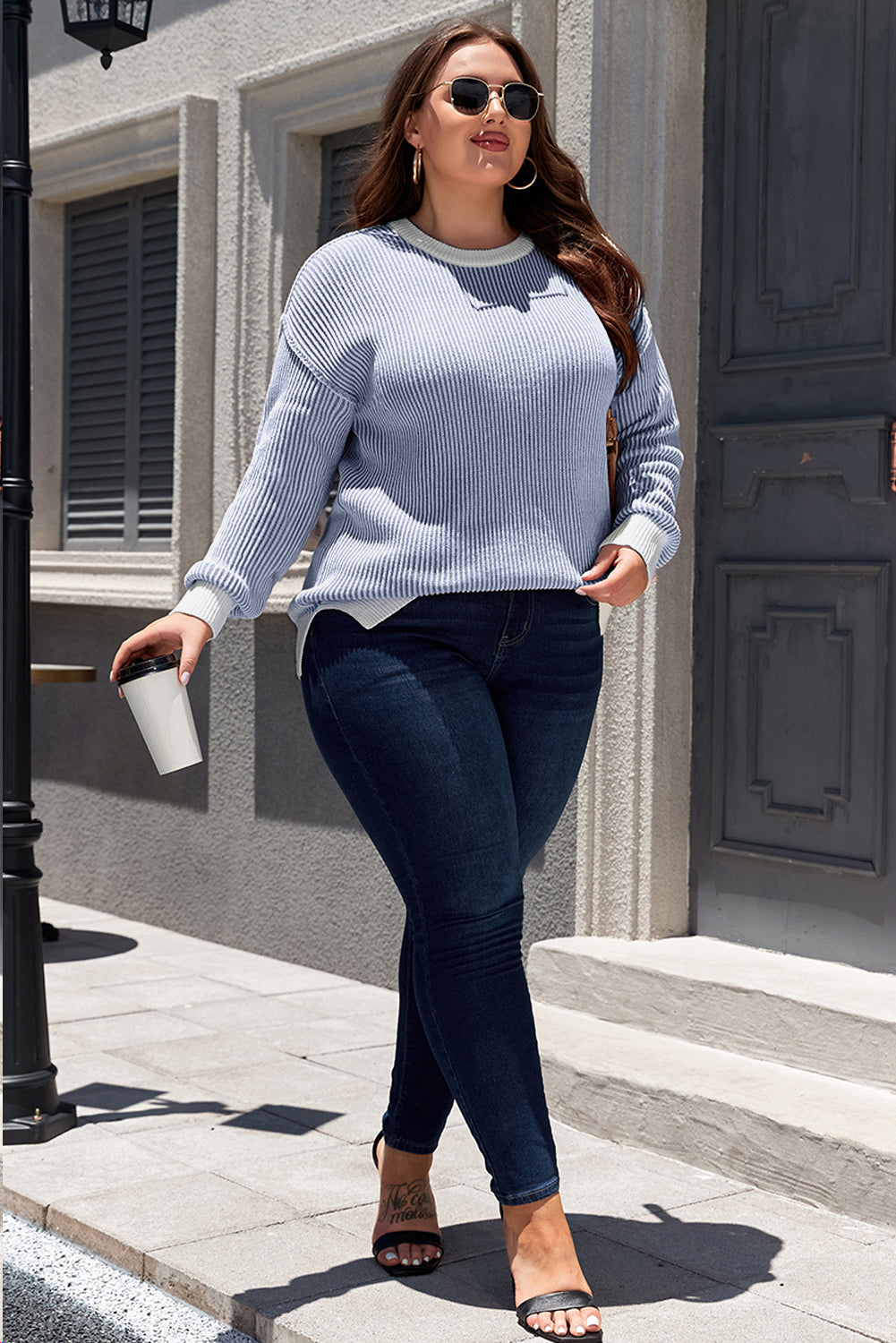 Blue Stripe Plus Size Contrast Trim Crew Neck Rib Knit Drop Shoulder Sweater Plus Size Sweaters & Cardigans JT's Designer Fashion