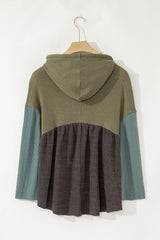 Laurel Green Mixed Textured Colorblock Patchwork Wide Sleeve Frayed High Low Hooded Top Long Sleeve Tops JT's Designer Fashion