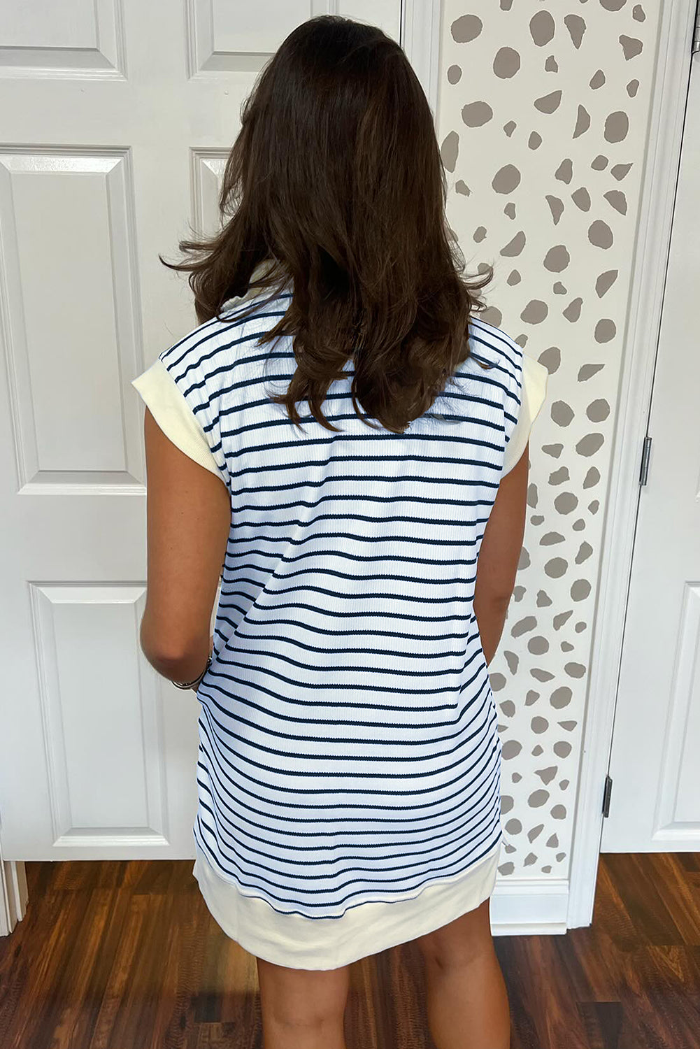 Blue Stripe Striped Quarter Zip Collared Cap Sleeve Mini Dress Dresses JT's Designer Fashion