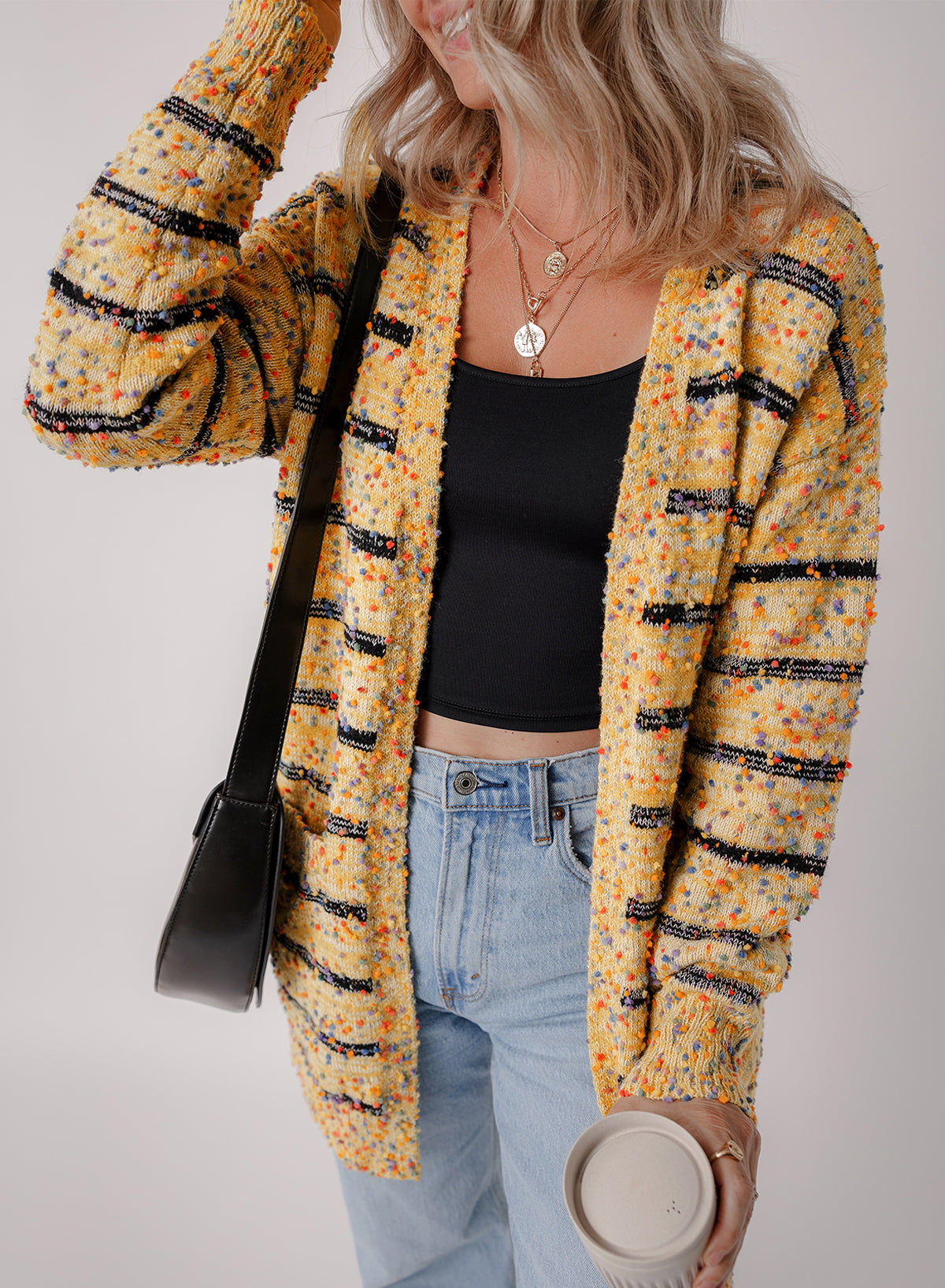 Beige Striped Pom Pom Knit Open Front Long Cardigan Cardigans JT's Designer Fashion