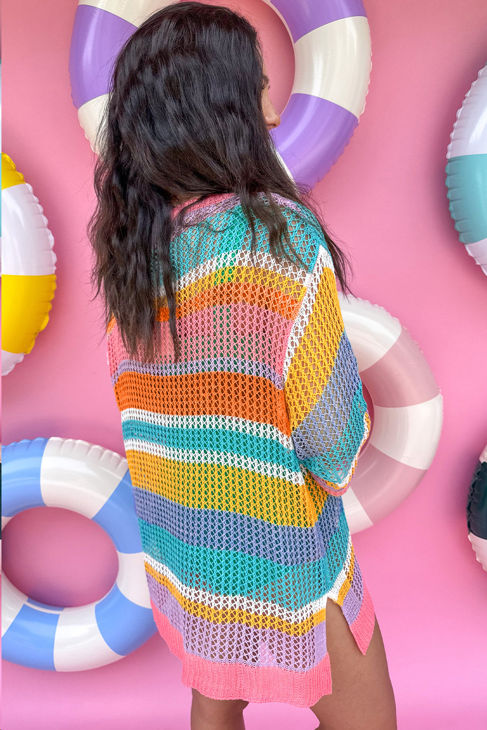 Pink Stripe Plus Size Open Knit Patch Pocket Short Sleeve Sweater Plus Size Sweaters & Cardigans JT's Designer Fashion
