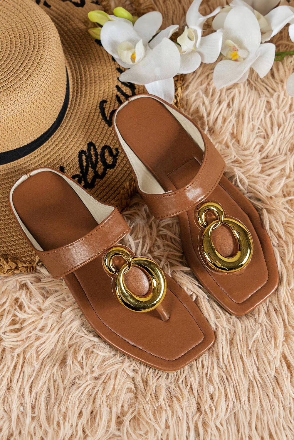 Brown Metal Rings Decor Square Toe Flat Slippers Slippers JT's Designer Fashion