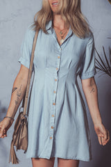 Myosotis Denim Pleated Slim Waist Short Sleeve Shirt Dress Dresses JT's Designer Fashion