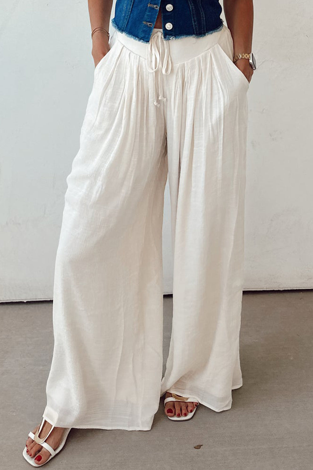 White Casual Tie Waist Pleated Wide Leg Pants Pants & Culotte JT's Designer Fashion