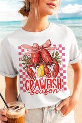 White Checkerboard Bow Crawfish Season Printed Crewneck T Shirt Graphic Tees JT's Designer Fashion