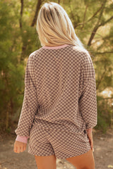 Brown Checkerboard Long Sleeve Pullover and Shorts Set Short Sets JT's Designer Fashion