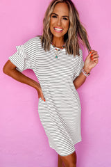 White Stripe Ruffled Short Sleeve Crew Neck T Shirt Shift Mini Dress T Shirt Dresses JT's Designer Fashion