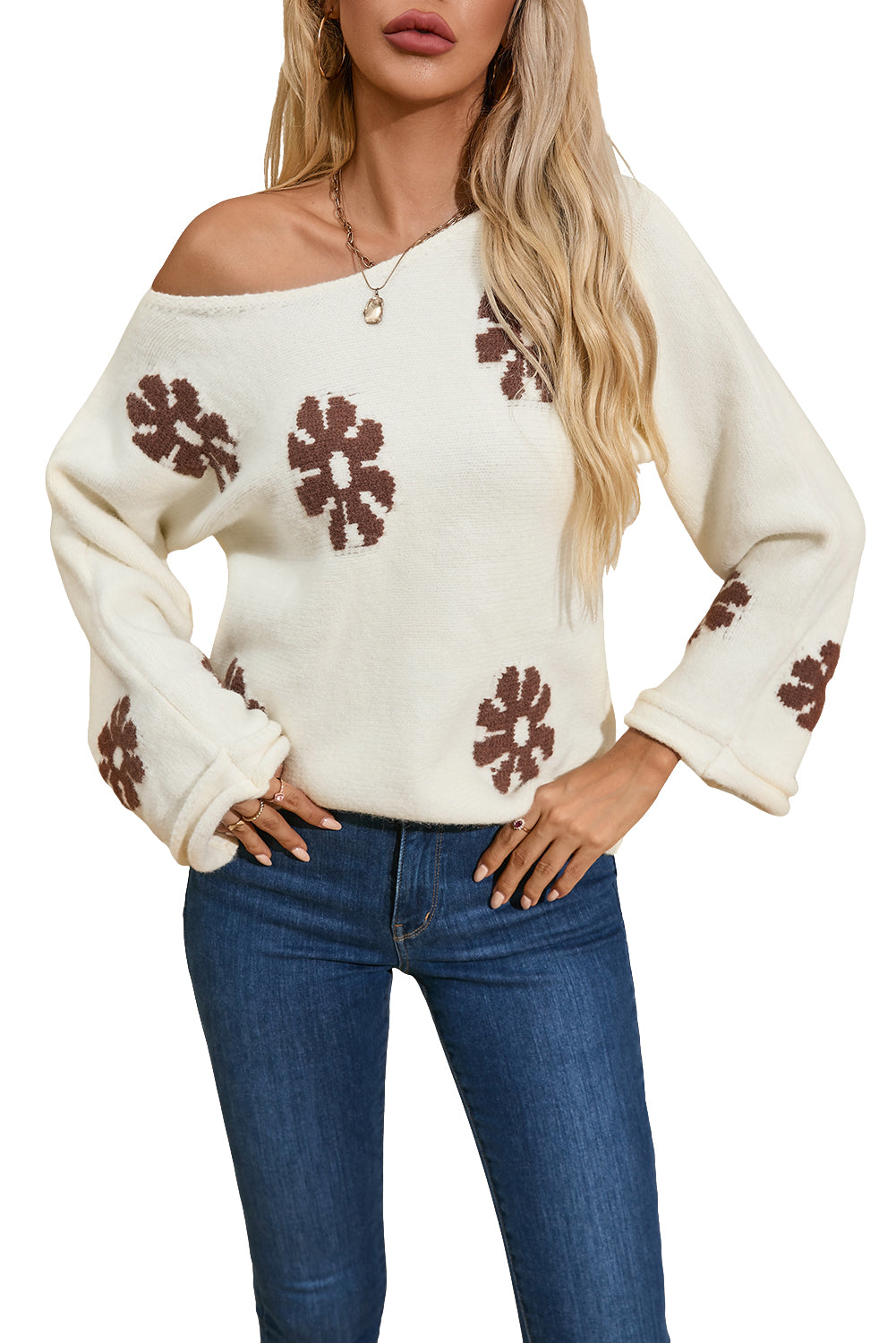 White Colorblock Floral Pattern Round Neck Sweater Sweaters JT's Designer Fashion