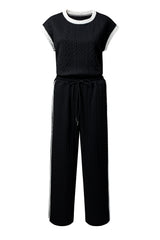 Black Cable Knit Contrast Trim Short Sleeve Top and Pants Set Pant Sets JT's Designer Fashion