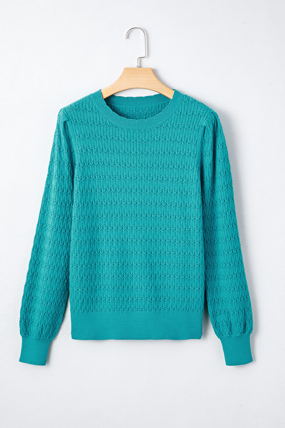 Sea Green Trendy Pattern Knit Ribbed Cuffs Crew Neck Sweater Sweaters JT's Designer Fashion