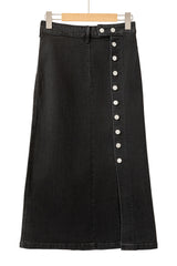 Black Button Fly Side Split High Waist Denim Midi Skirt Skirts & Petticoat JT's Designer Fashion