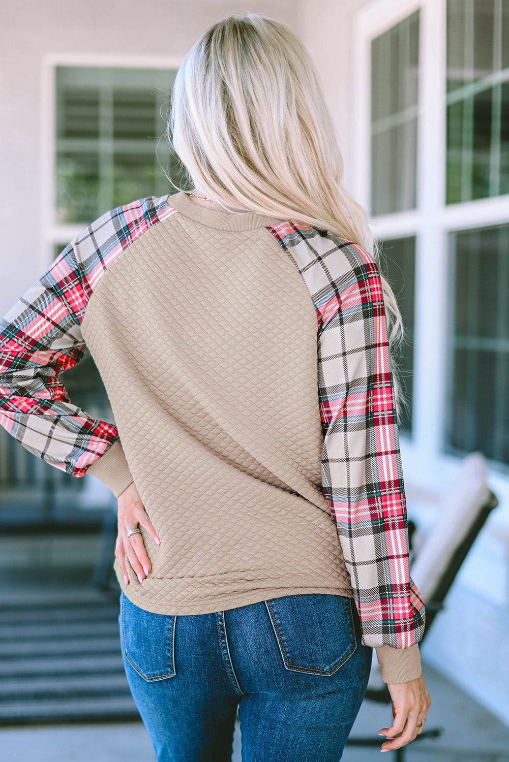 Apricot Plaid Raglan Sleeve Sweatshirt Sweatshirts & Hoodies JT's Designer Fashion