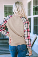 Apricot Plaid Raglan Sleeve Sweatshirt Sweatshirts & Hoodies JT's Designer Fashion