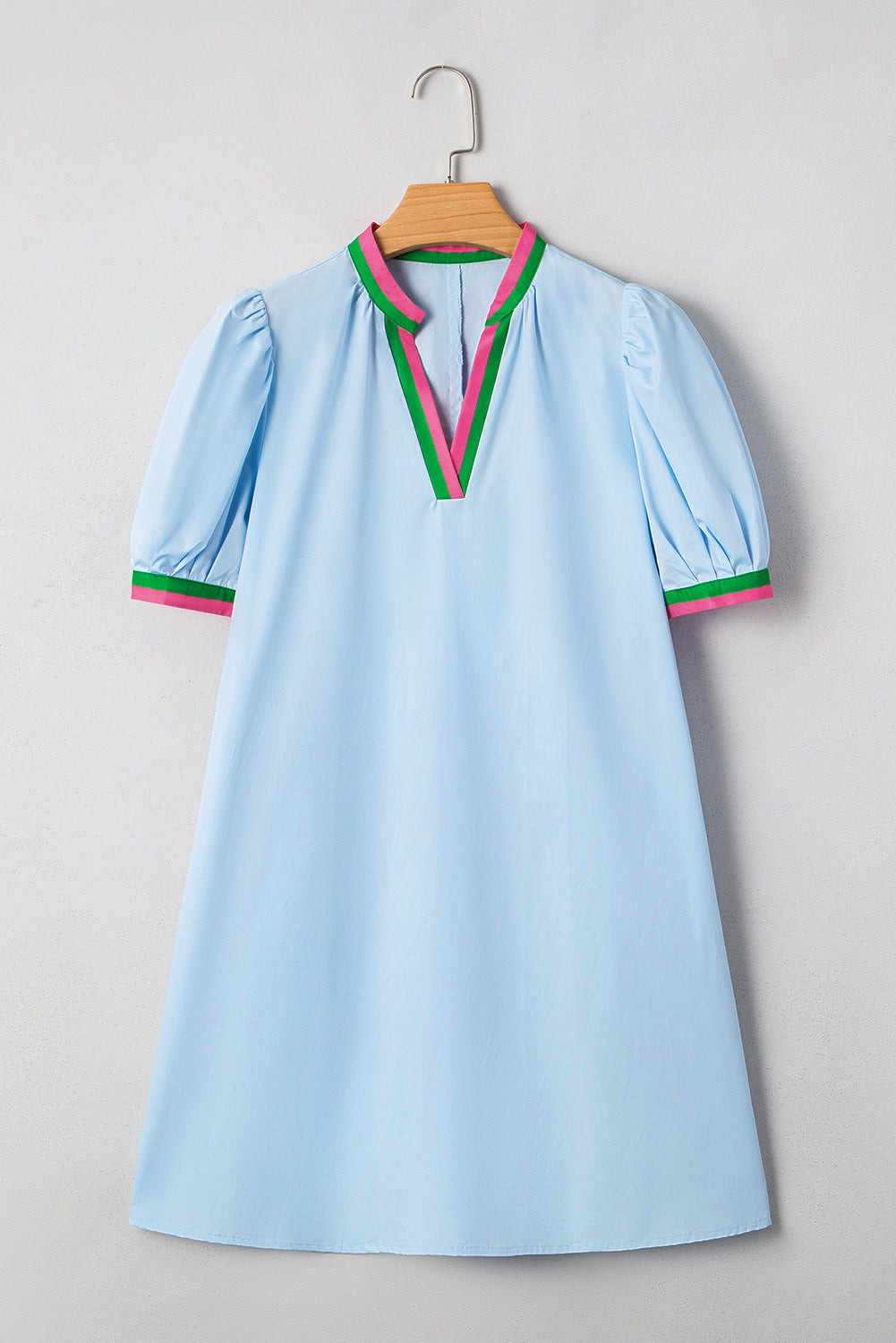 Myosotis Contrast Striped Notched V Neck Puff Sleeve Mini Dress Mini Dresses JT's Designer Fashion