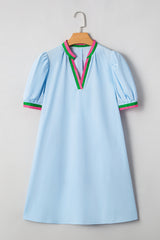 Myosotis Contrast Striped Notched V Neck Puff Sleeve Mini Dress Mini Dresses JT's Designer Fashion