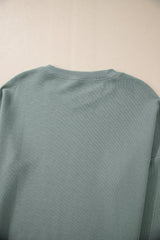 Clearly Aqua Waffle Knit Drop Shoulder V Neck Top Long Sleeve Tops JT's Designer Fashion