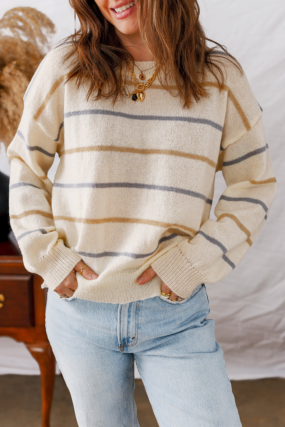 Multicolour Striped Ribbed Edge Drop Shoulder Sweater Sweaters JT's Designer Fashion